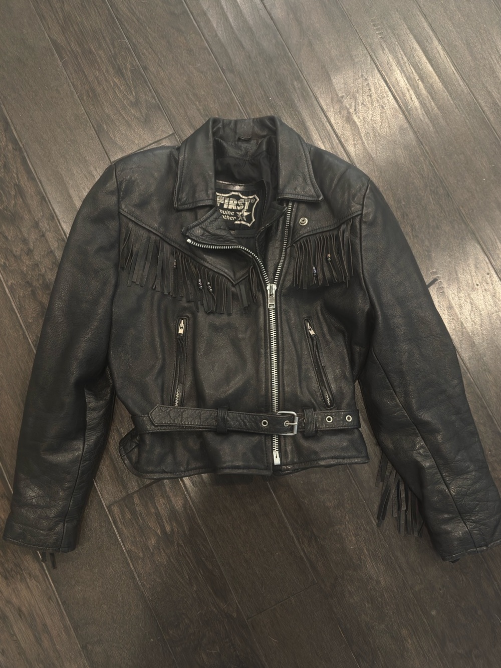Vintage Fringe Leather Biker Jacket - Black